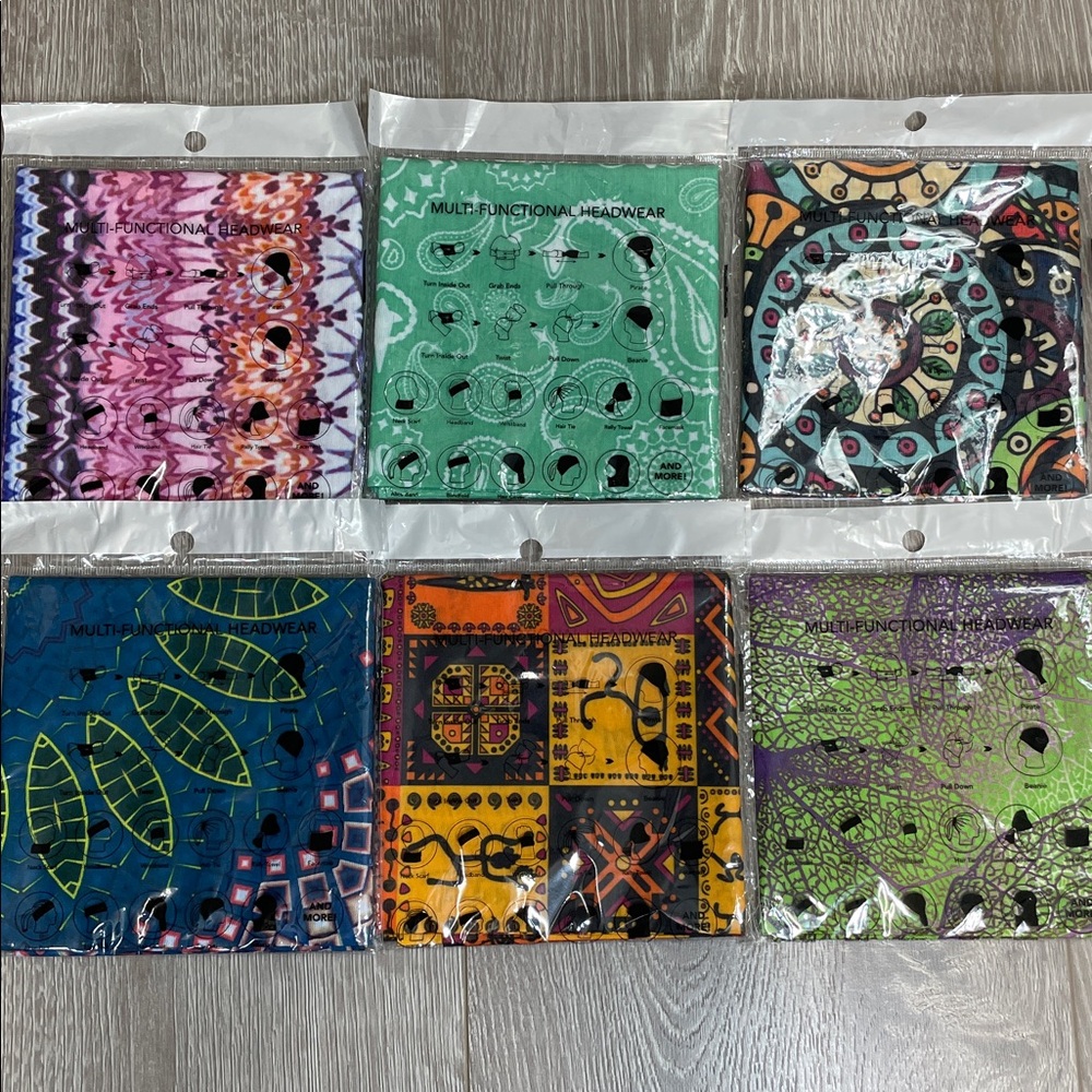 NWT Set of 6 Assorted Patterned Multi Functional Headwear Polyester Microfiber